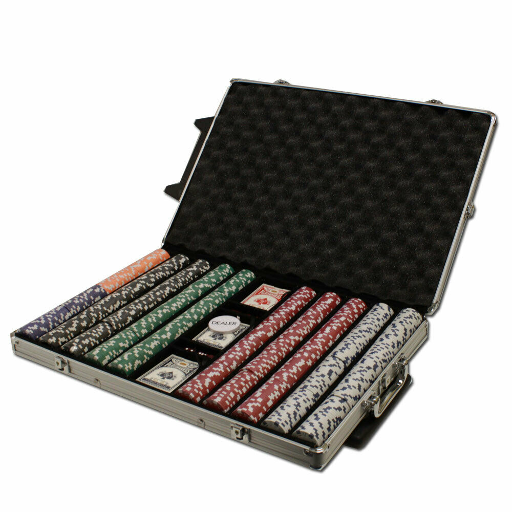 1000 Striped Dice Poker Chip Set with Rolling Aluminum Case